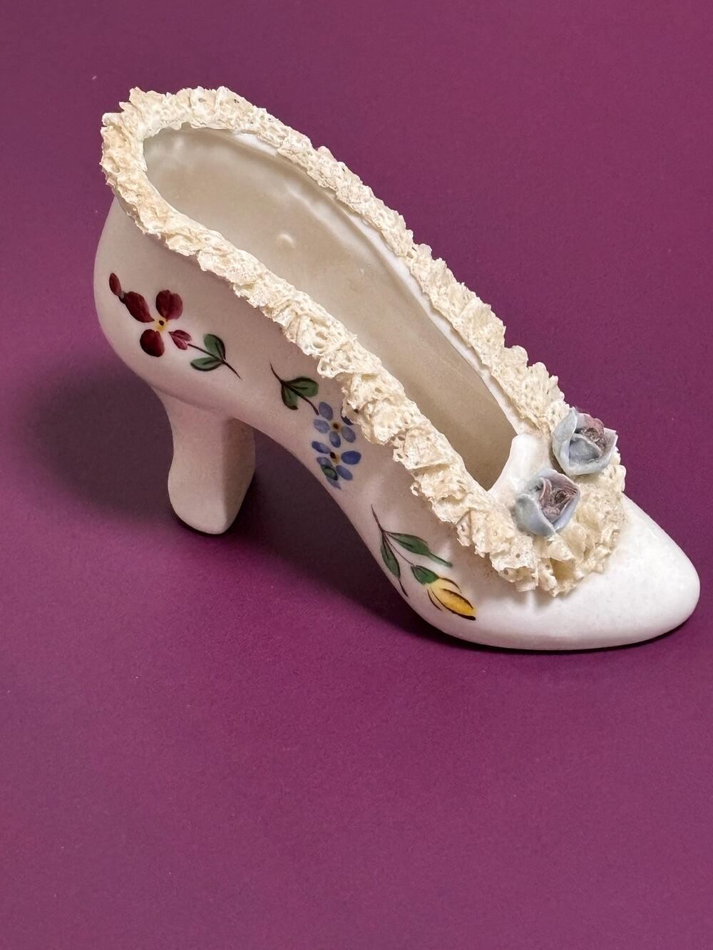 Dresden vintage applied lace hand painted flowers porcelain high heel shoe
